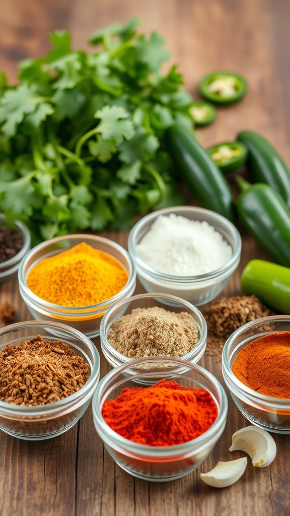 A vibrant display of spices used for taco seasoning including chili powder, cumin, and paprika, alongside fresh cilantro and jalapeños.