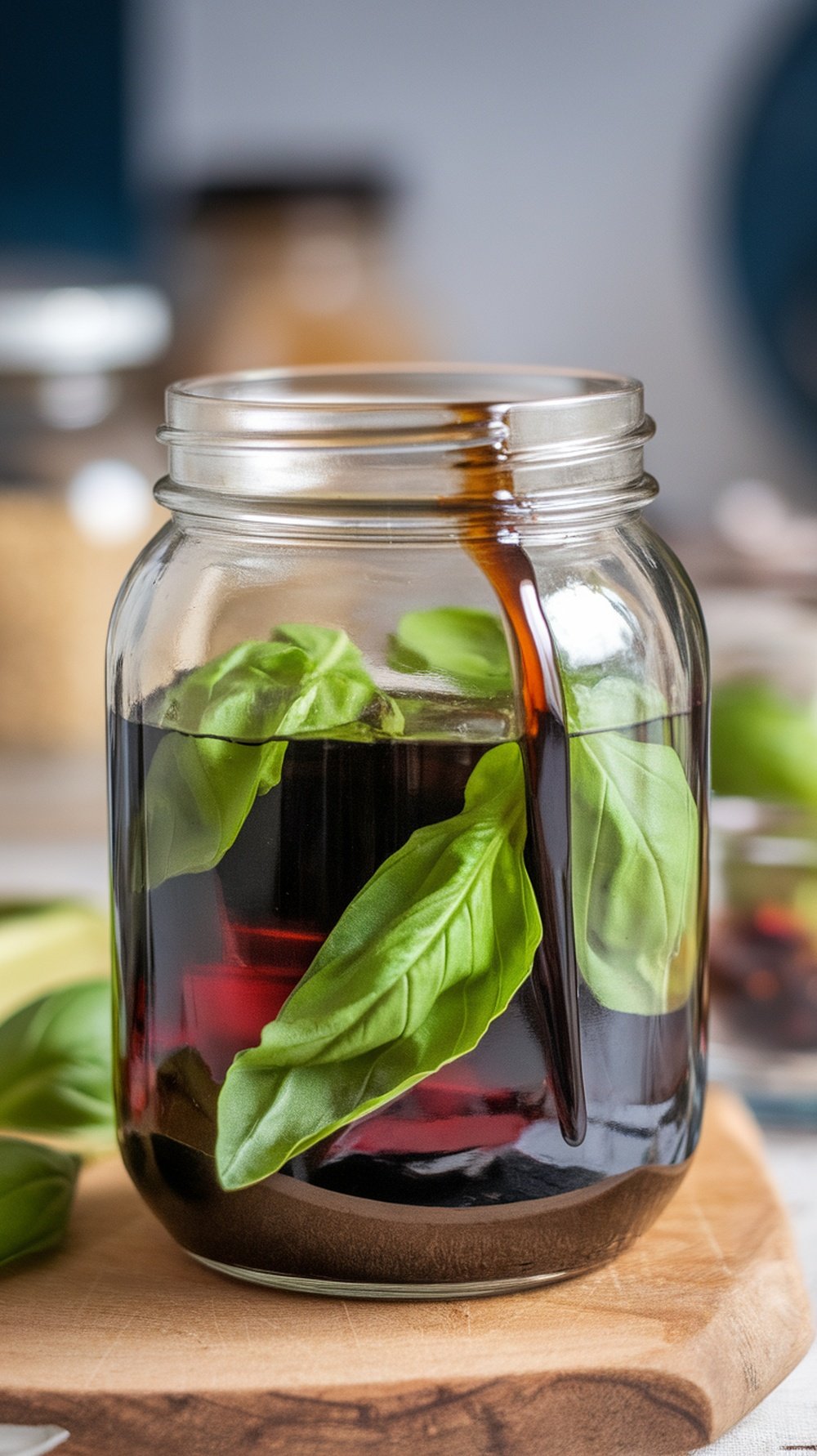 A jar of balsamic vinegar with fresh basil leaves inside