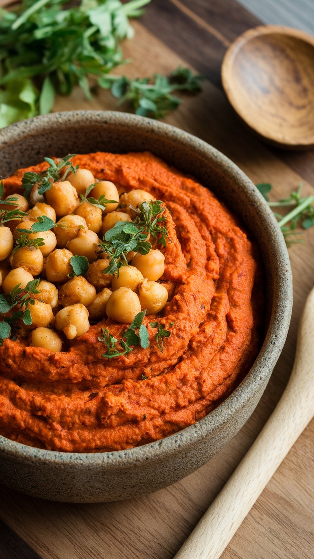 A bowl of Tangy BBQ Chickpea Dip topped with chickpeas and fresh herbs.
