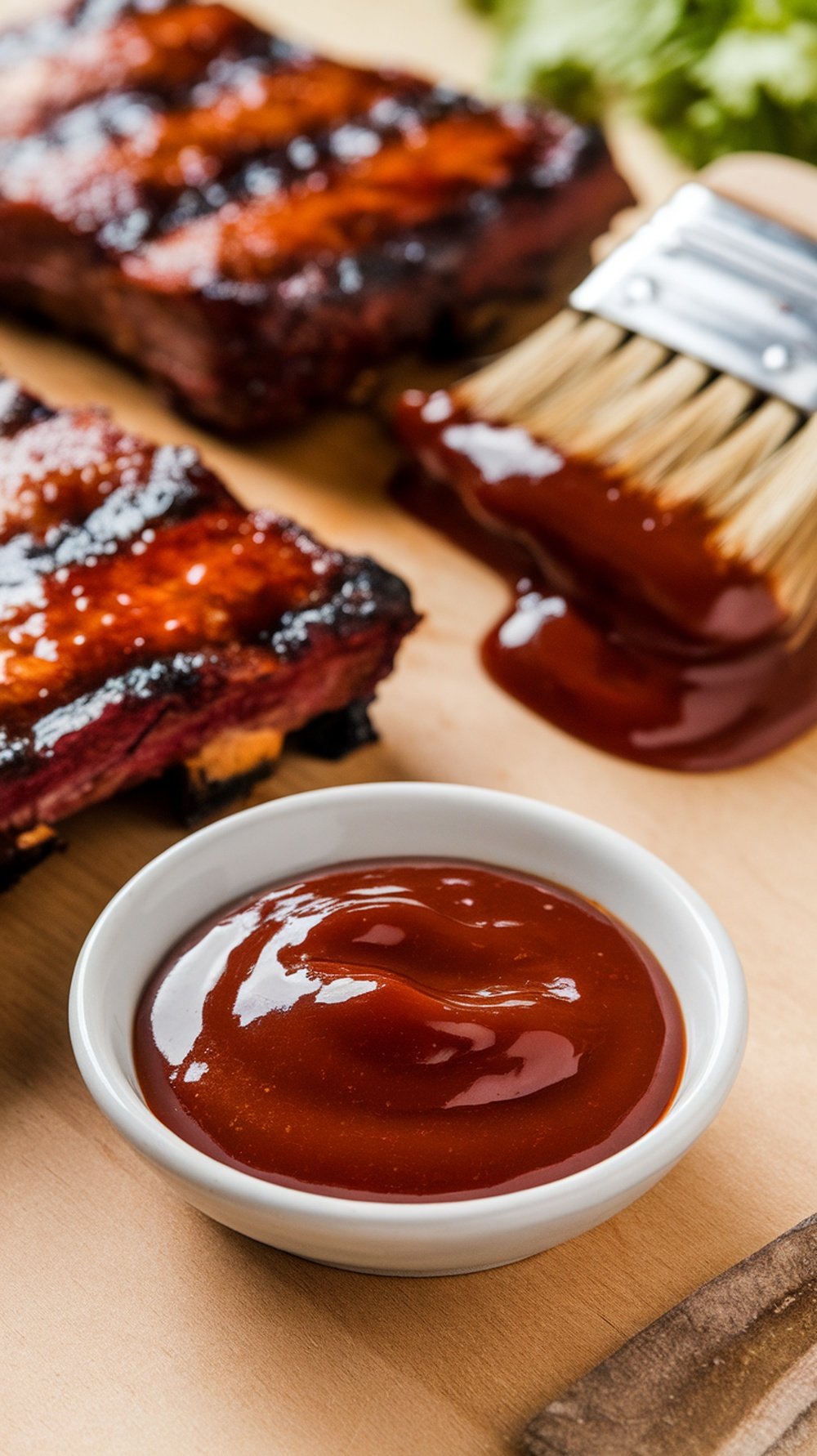 A bowl of tangy BBQ sauce with grilled meat in the background.