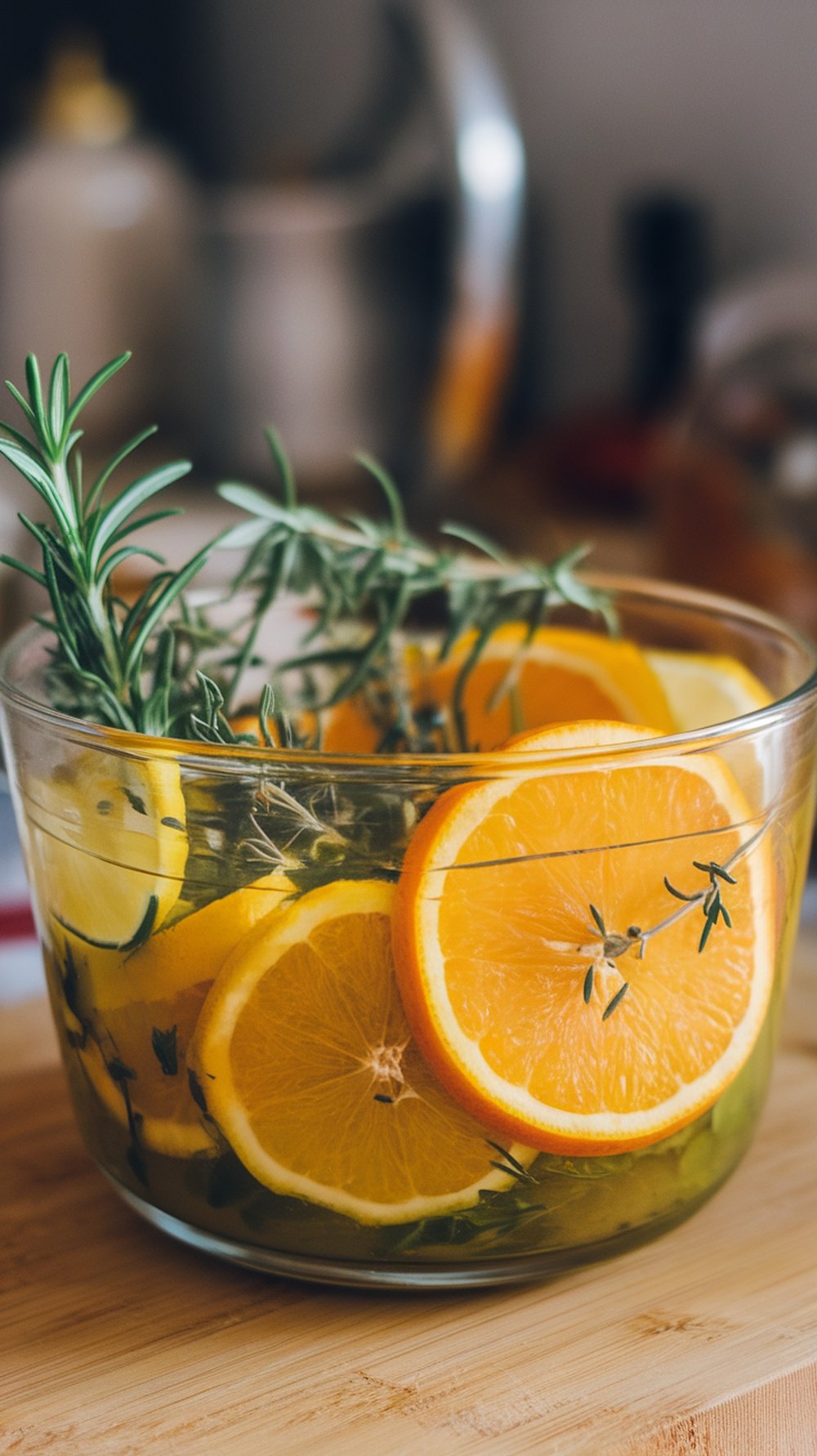 A bowl of citrus herb marinade with lemon and orange slices, surrounded by fresh herbs.