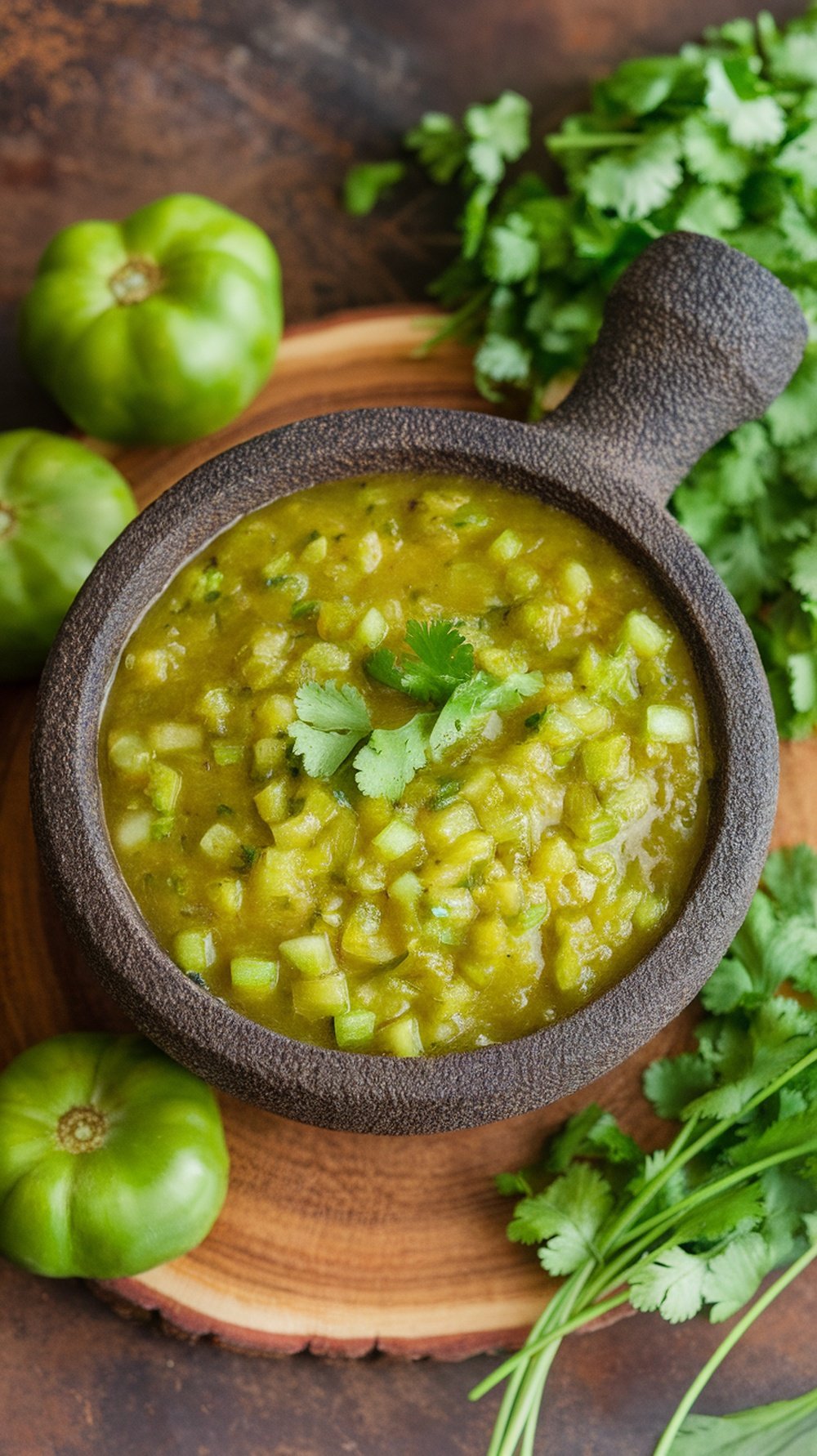 A bowl of tomatillo and cilantro salsa with fresh ingredients around it.