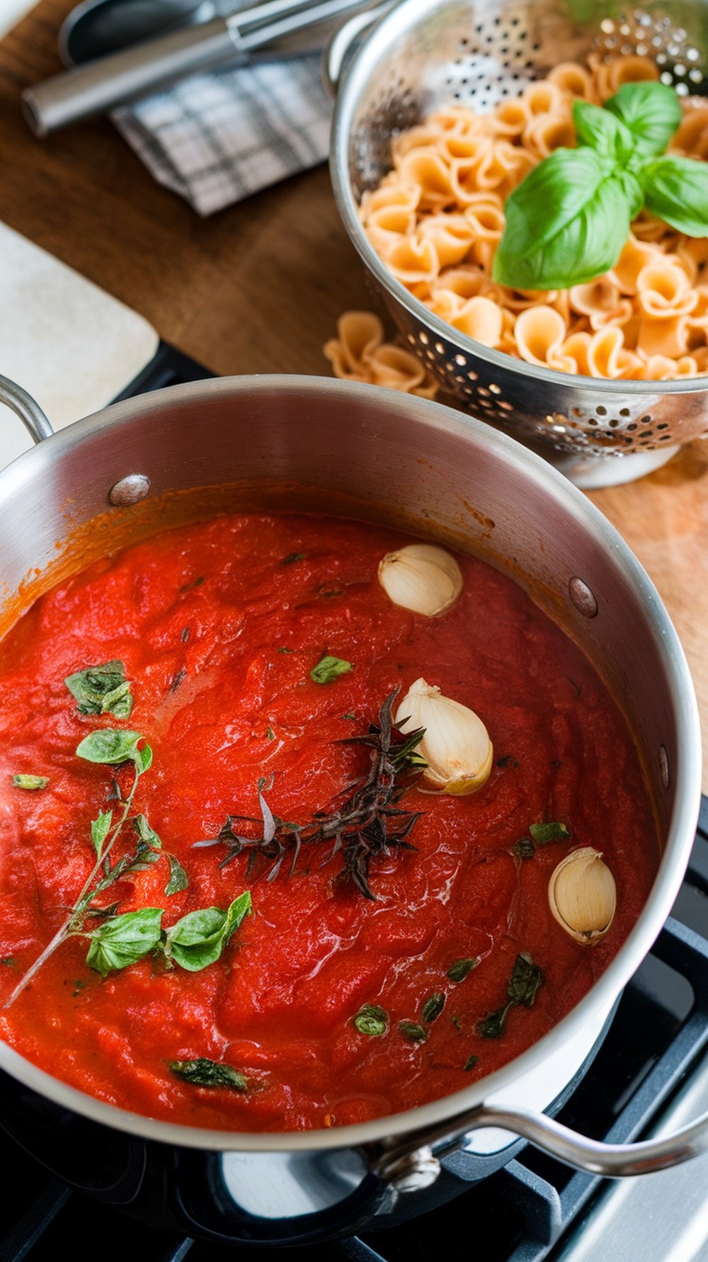 A pot of tomato sauce with garlic and herbs, alongside a bowl of pasta.