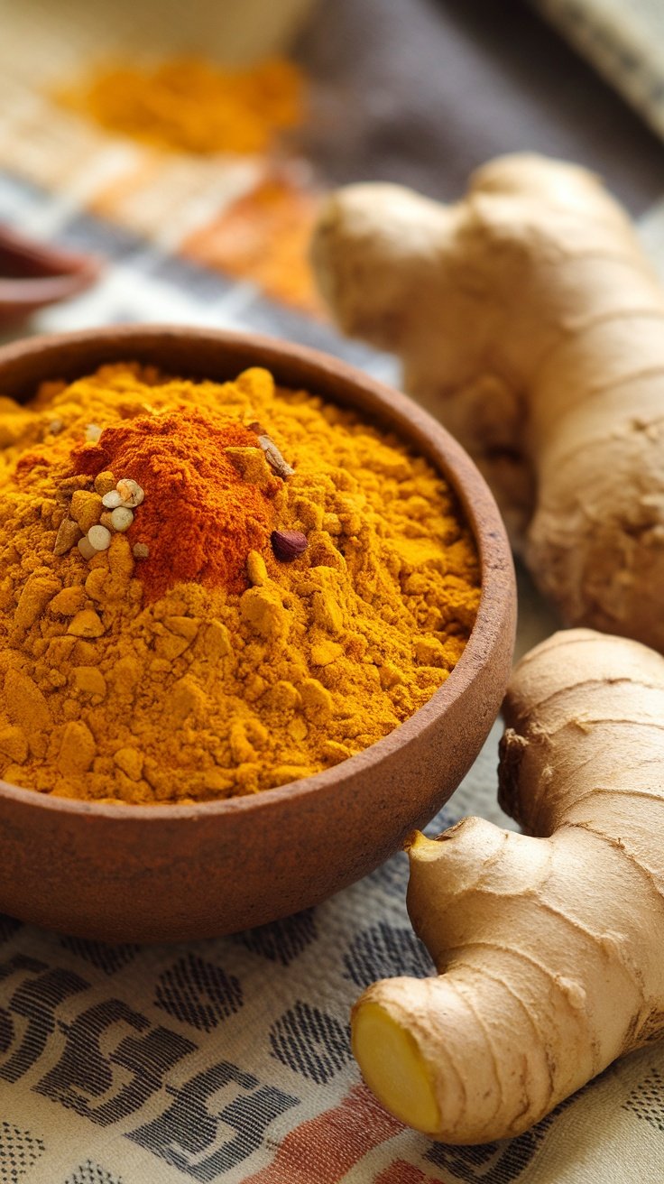 A bowl of bright yellow tropical curry powder with fresh ginger root beside it.