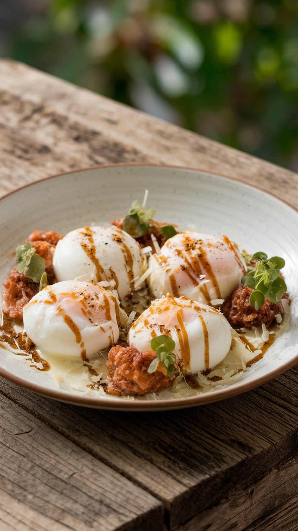 Truffle oil and Parmesan drizzle over eggs