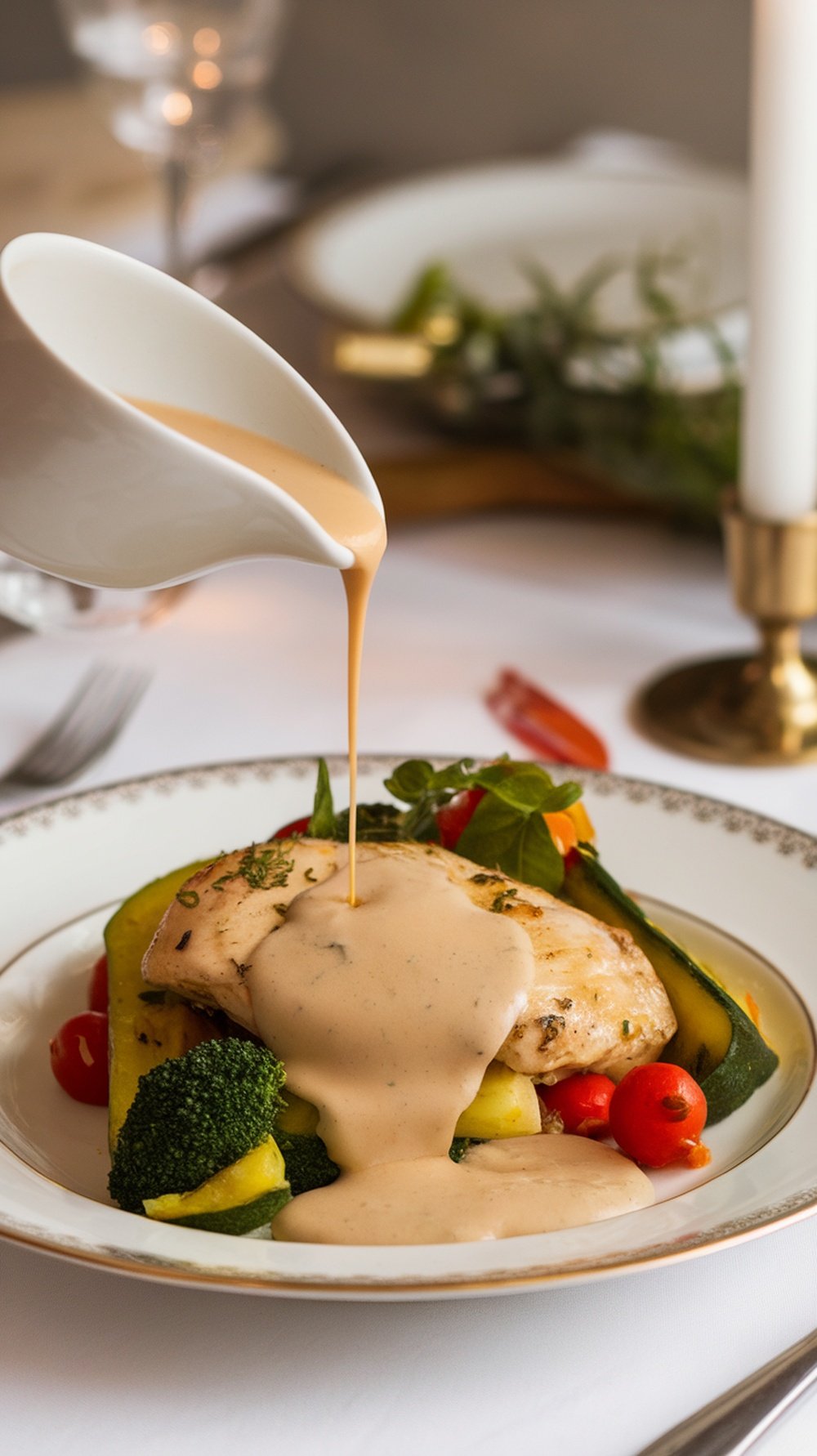 A plate of chicken with vegetables topped with velouté sauce.