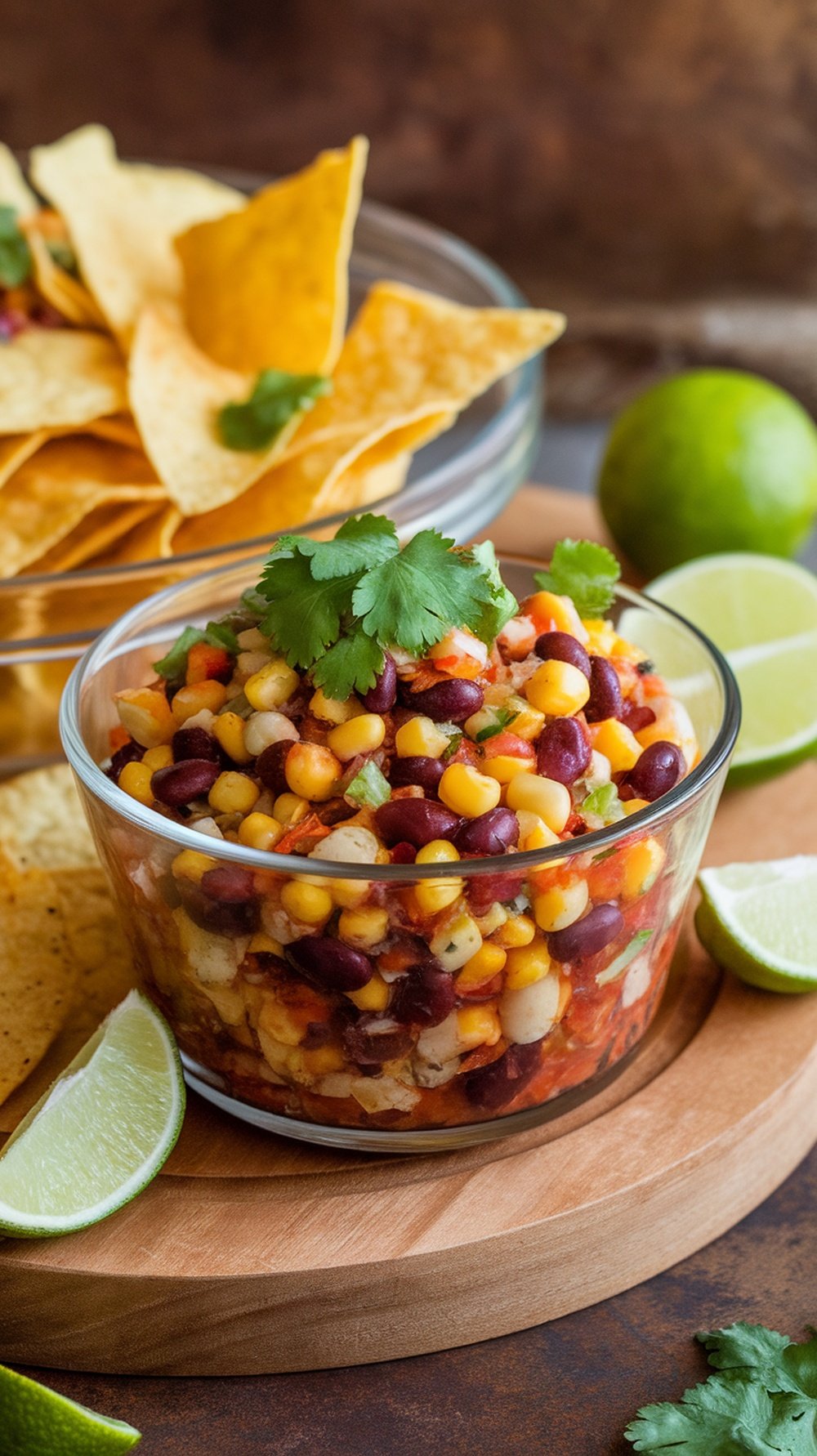 A bowl of colorful bean and corn salsa with tortilla chips and lime on the side.