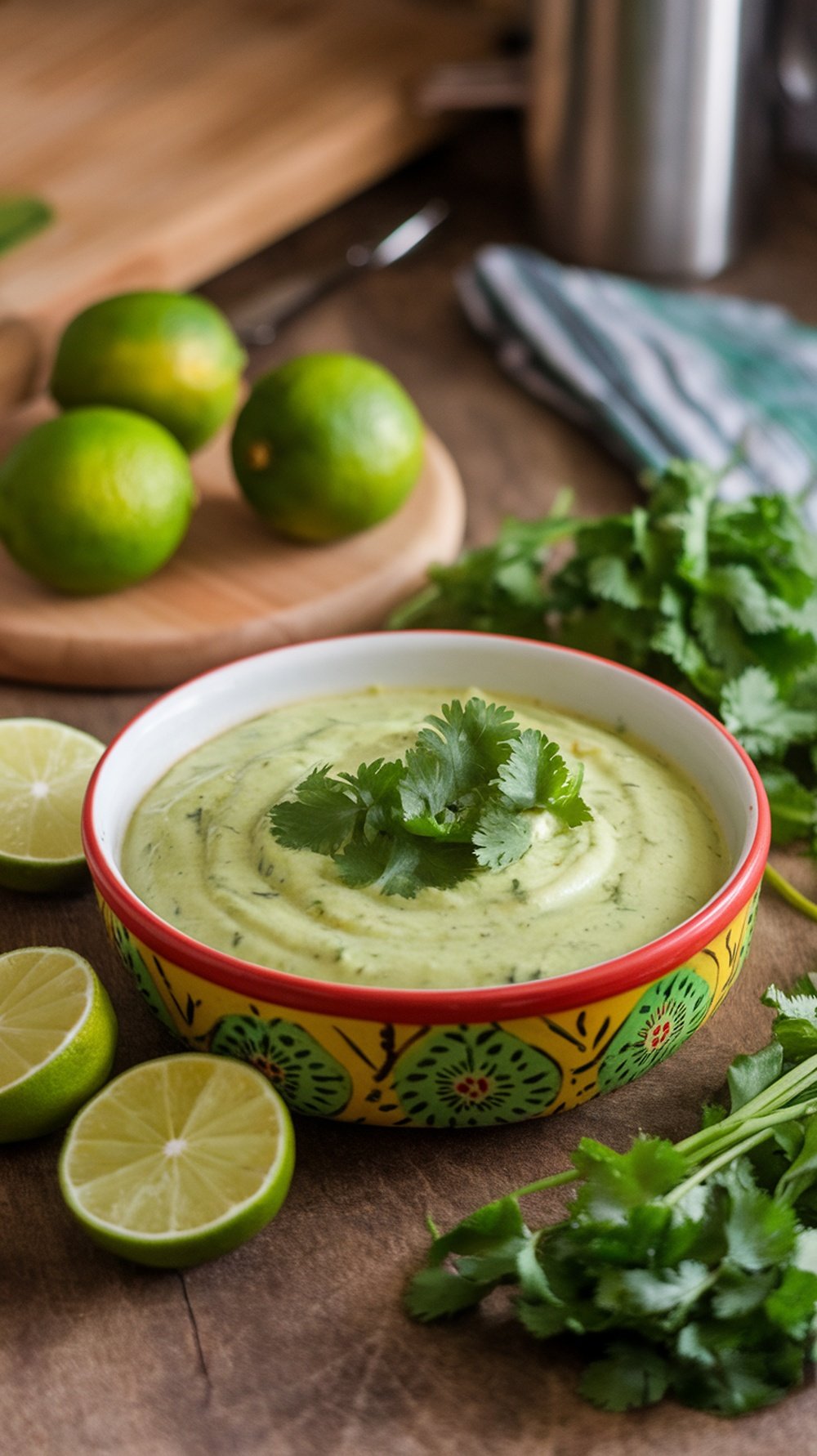 A vibrant green cilantro lime sauce garnished with fresh cilantro leaves, surrounded by sliced limes.