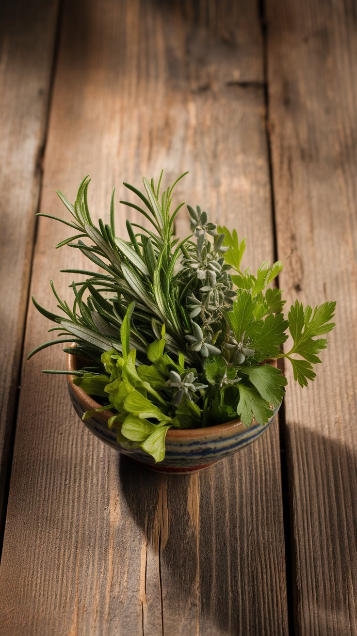 A bowl filled with fresh herbs including parsley, rosemary, and thyme.
