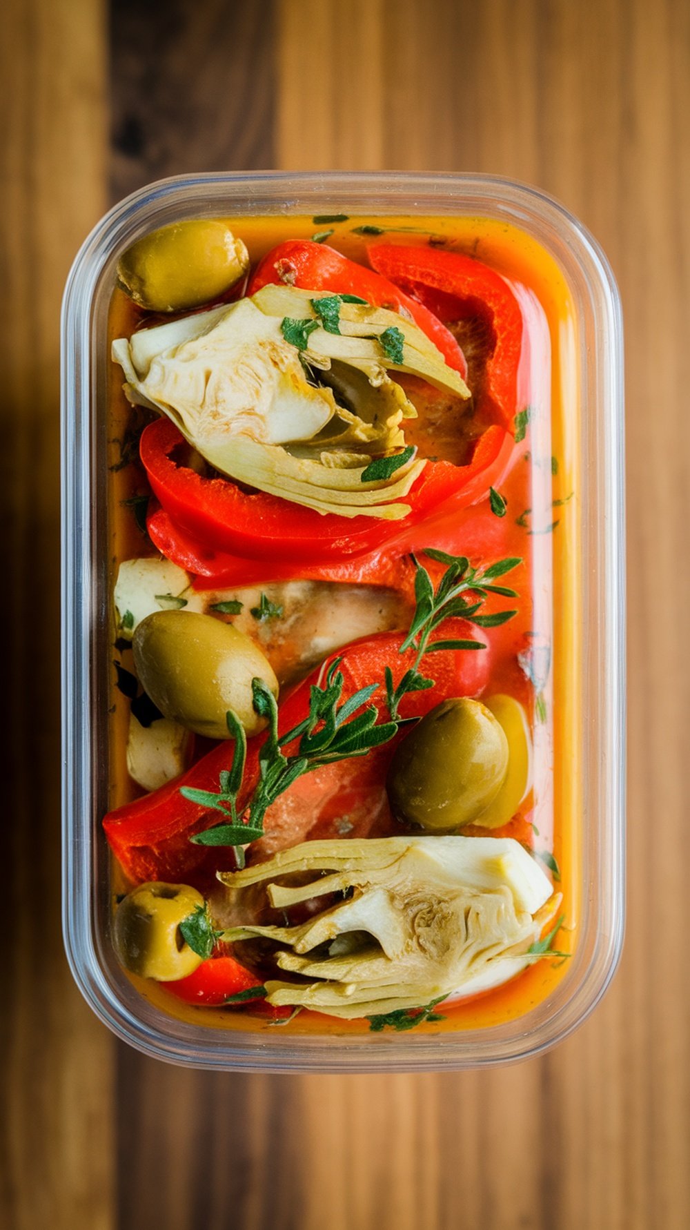 A container filled with marinated vegetables including red peppers, artichokes, and olives in zesty Italian dressing.