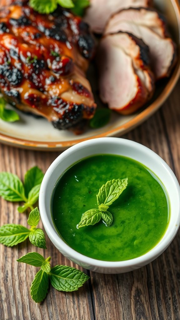 Fresh Mint Sauce for Lamb A bowl of fresh mint sauce garnished with mint leaves, paired with roasted lamb on a rustic table.