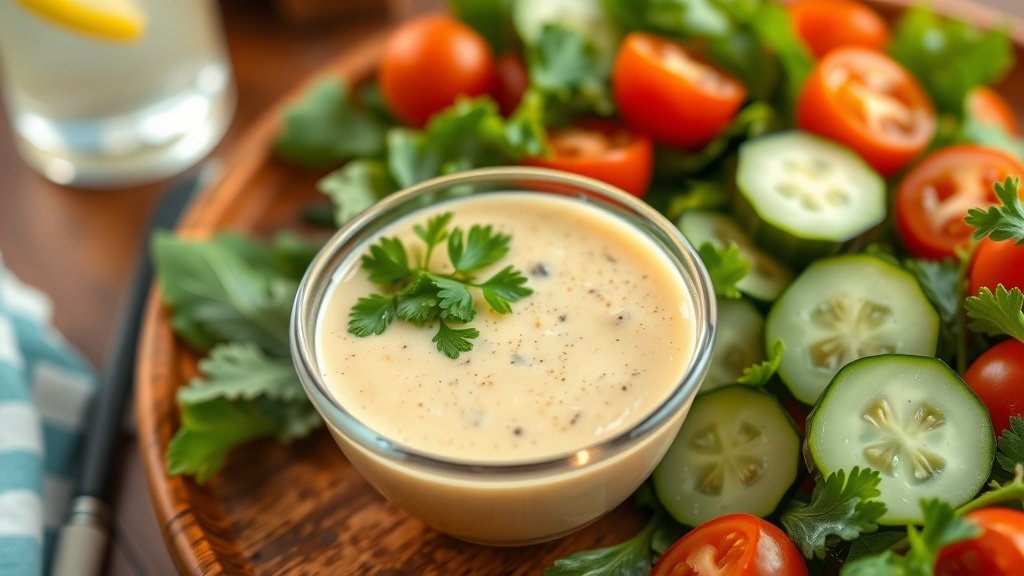 Zesty Creamy Anchovy Caper Vinaigrette Creamy anchovy caper vinaigrette in a bowl, garnished with parsley, next to a fresh salad.