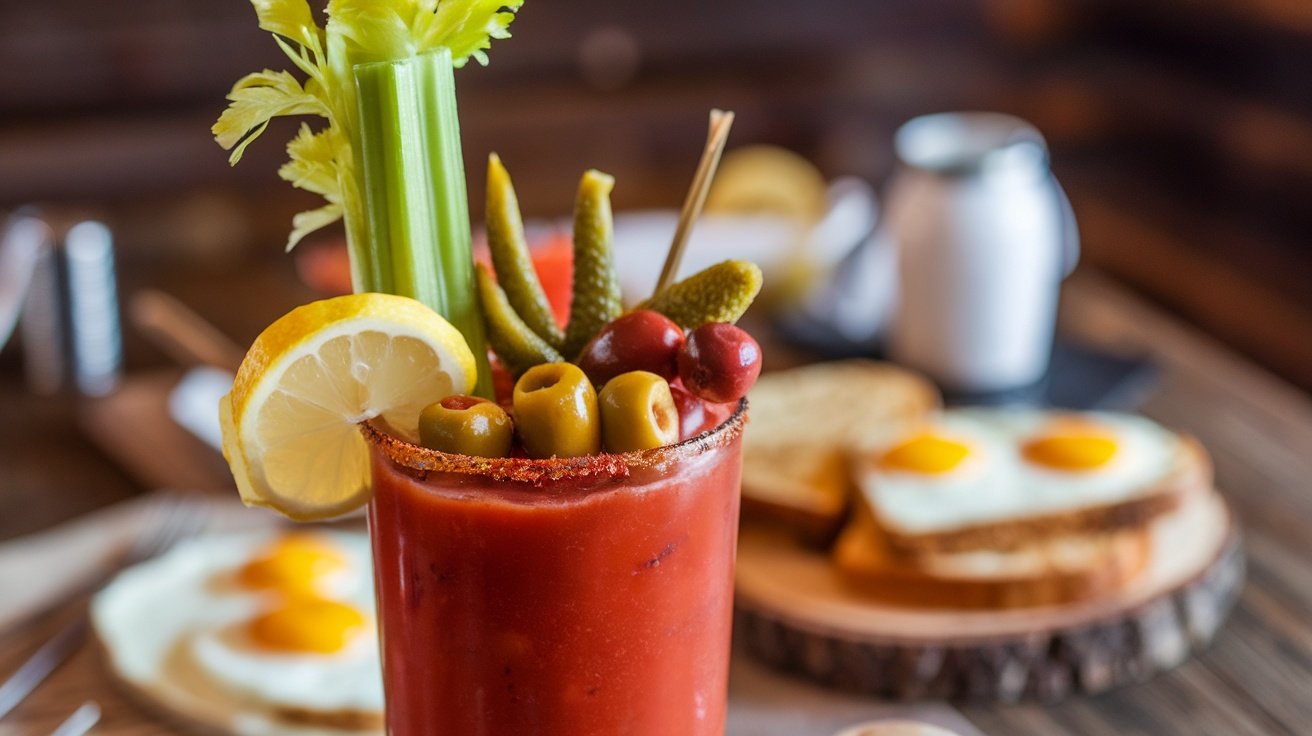 A delightful Bloody Mary cocktail with garnishes served in a tall glass on a wooden table.