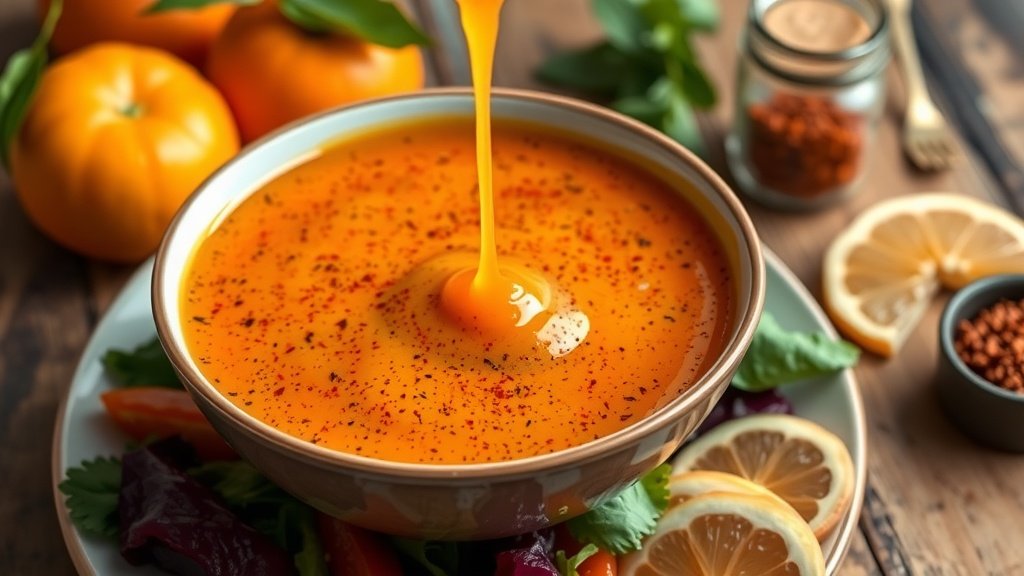 Zesty Fresh Orange Smoked Paprika Vinaigrette A bowl of orange vinaigrette dressing over a salad, with fresh oranges and smoked paprika in the background.