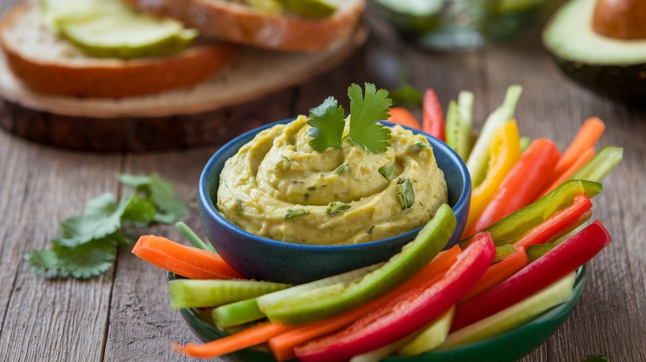 A bowl of avocado cilantro spread with fresh vegetables and toasted bread on a rustic table.