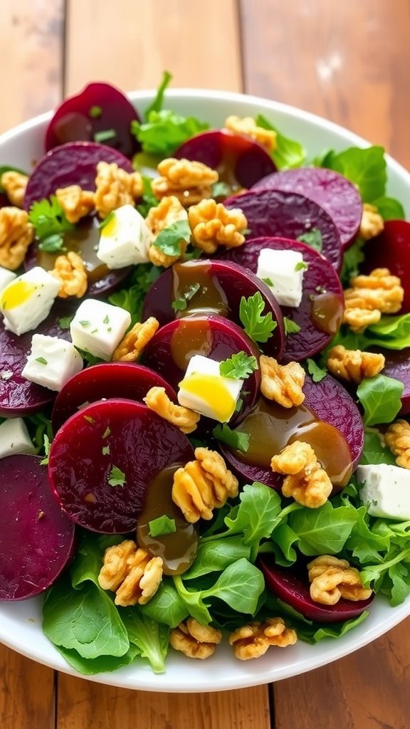 Savory Beet Salad with Goat Cheese and Walnuts A colorful beet salad with goat cheese, walnuts, and mixed greens, garnished with herbs and drizzled with dressing.