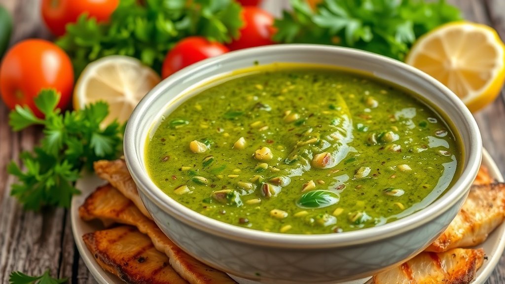 Zesty Charmoula Marinade Recipe A bowl of green charmoula marinade with grilled fish, garnished with herbs and lemon, on a rustic table.
