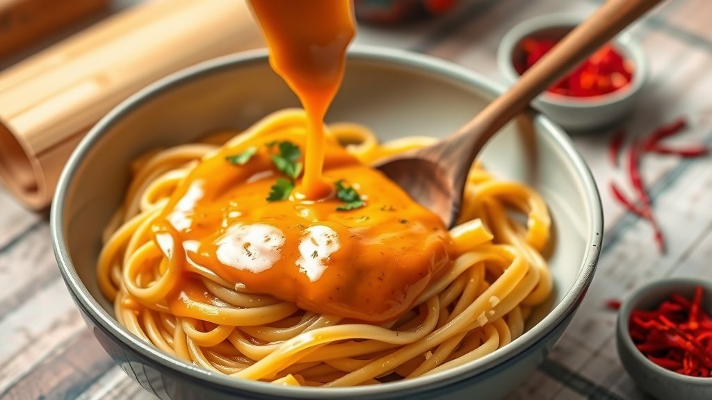 Spicy Saffron and Red Pepper Cream Sauce A vibrant orange saffron and red pepper cream sauce over pasta, garnished with herbs, on a rustic wooden table with red pepper flakes.