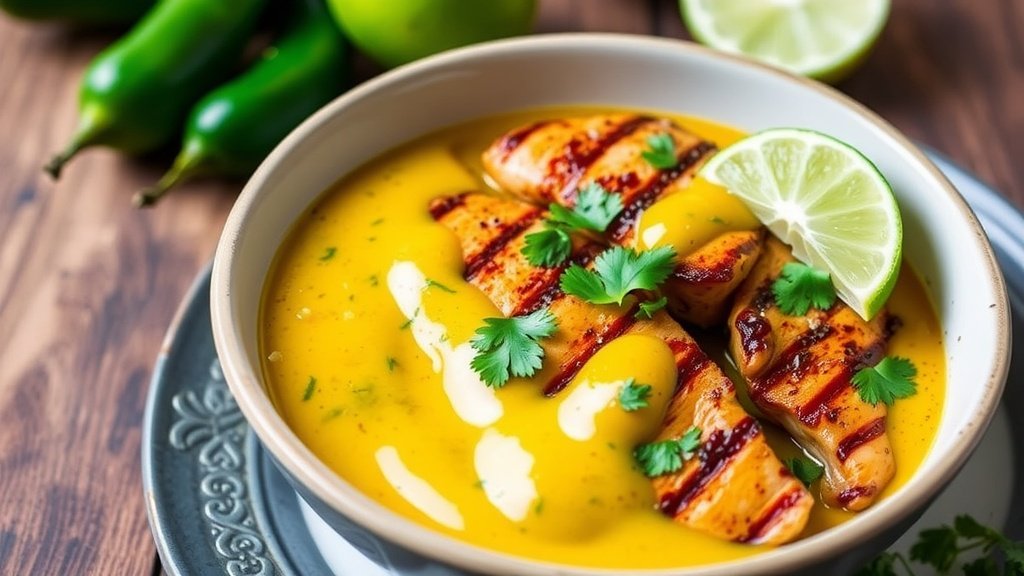Zesty Jalapeño Lime Ginger Butter Sauce A bowl of zesty jalapeño lime ginger butter sauce drizzled over grilled chicken, garnished with lime and cilantro.