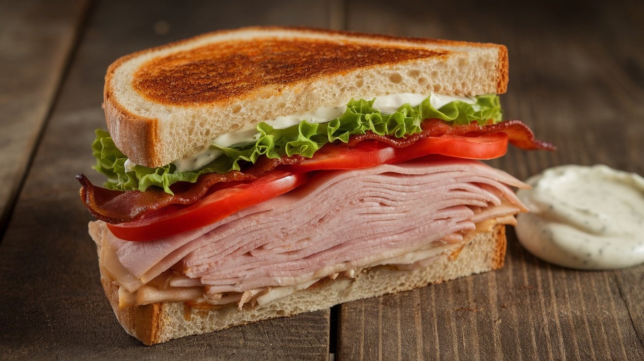 Spicy Chipotle Mayo Turkey Club Sandwich Spicy Chipotle Mayo Turkey Club sandwich with turkey, bacon, lettuce, and tomato on toasted bread, served with chipotle mayo.
