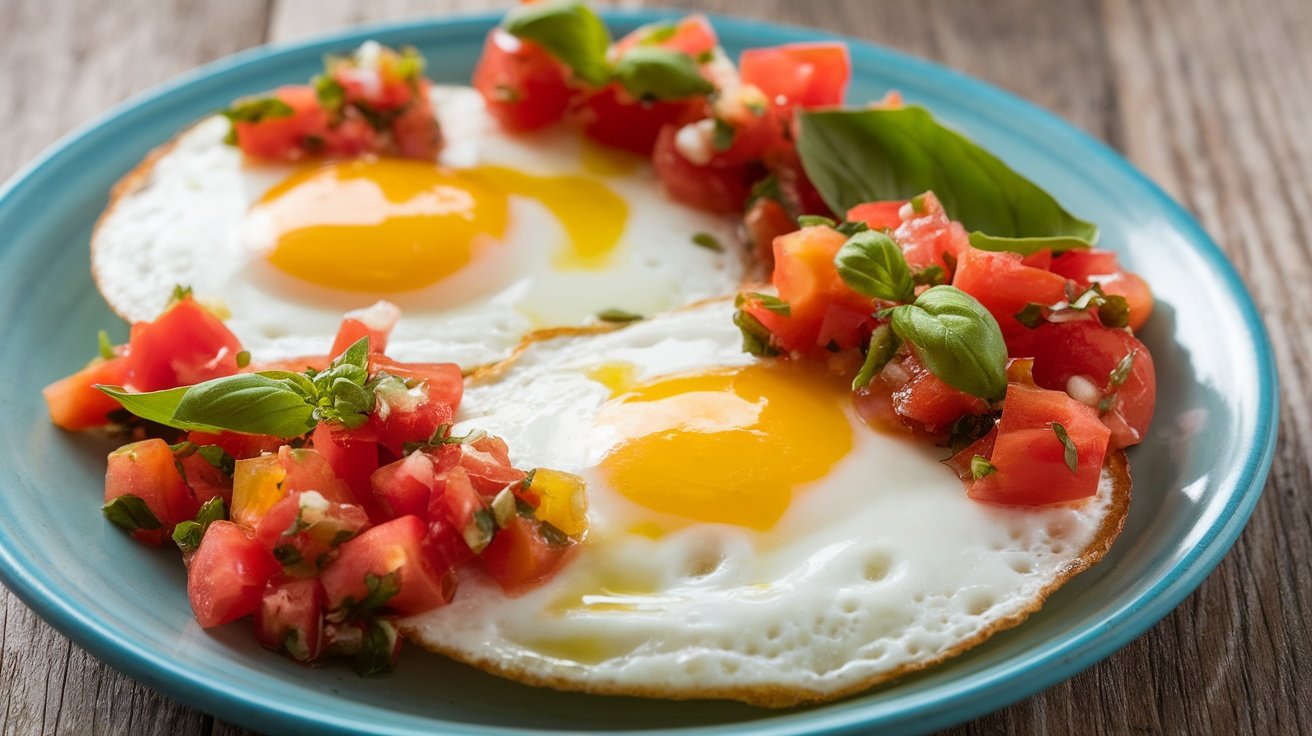 Savory Tomato Basil Salsa on Eggs A plate of eggs with tomato basil salsa, highlighting colorful ingredients on a rustic wooden table.