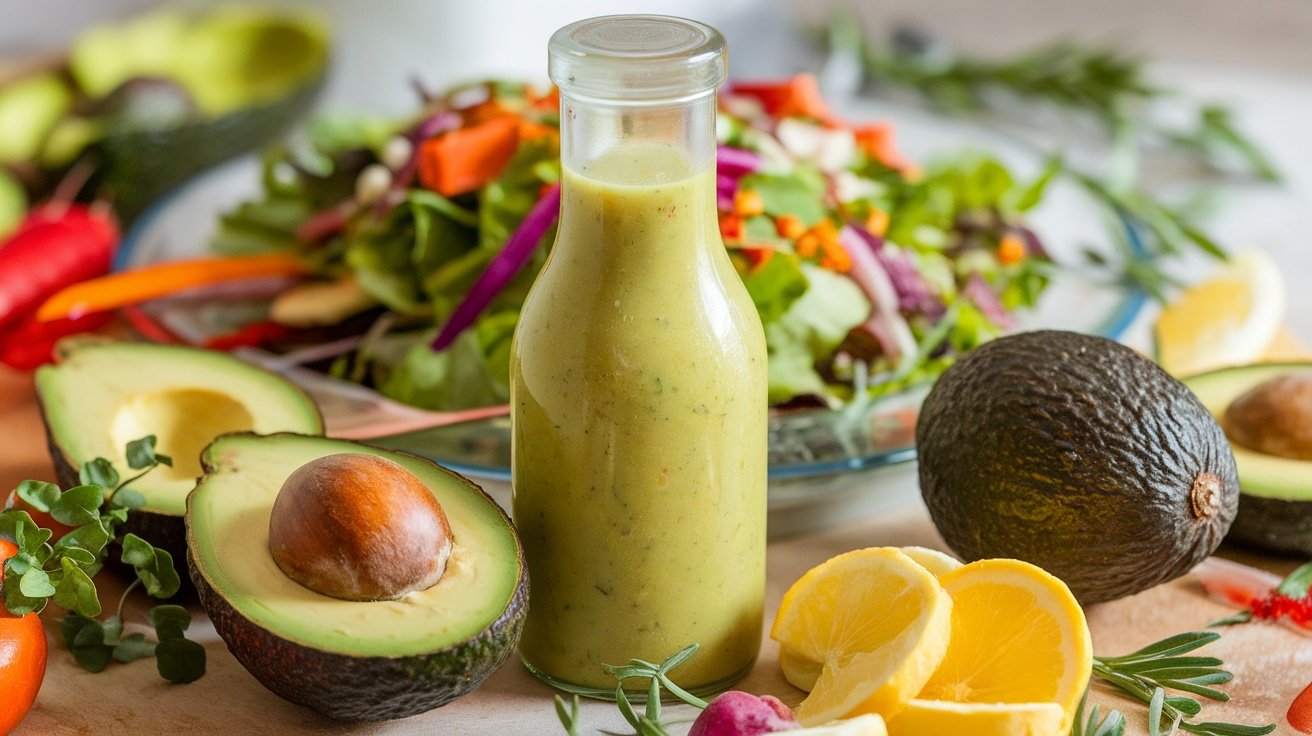 Zesty avocado oil-infused dressing in a bottle with fresh herbs and salad ingredients.