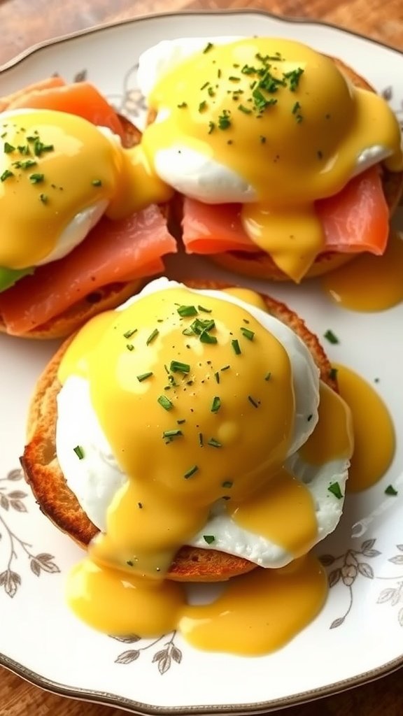 Delicious Eggs Benedict with Smoked Salmon and Avocado Eggs Benedict with poached eggs, smoked salmon, avocado, and hollandaise sauce on toasted English muffins.