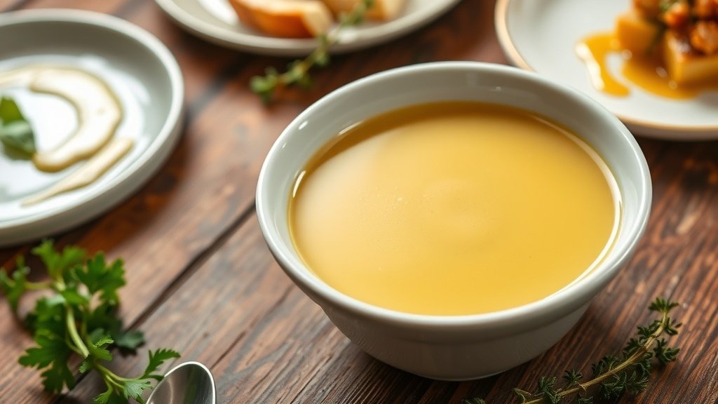 Almost Creamless Velouté Sauce Recipe Smooth velouté sauce in a white bowl surrounded by fresh herbs on a rustic table.