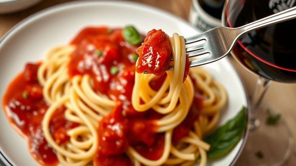 Savory Tomato and Red Wine Butter Sauce Pasta with tomato and red wine butter sauce garnished with basil, with a glass of red wine in a cozy setting.