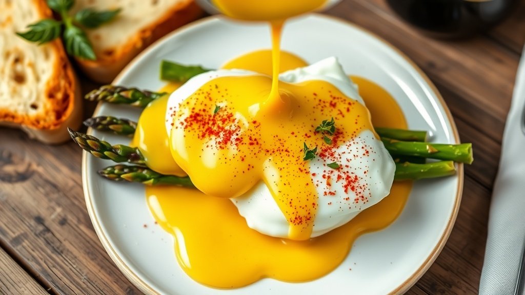 Saffron and Red Pepper Hollandaise Sauce A bowl of saffron and red pepper hollandaise sauce on poached eggs with asparagus, garnished with herbs.