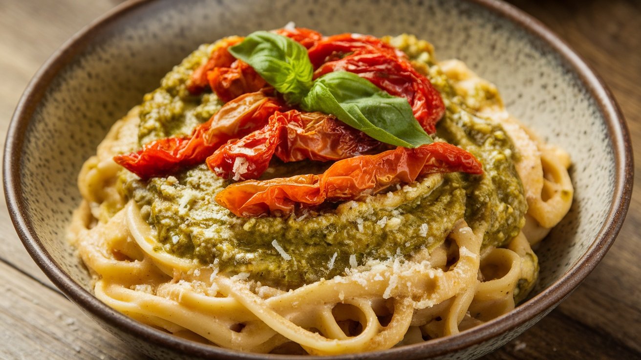 Creamy Pesto and Sun-Dried Tomato Pasta A bowl of creamy pesto pasta with sun-dried tomatoes and basil, garnished with Parmesan cheese.
