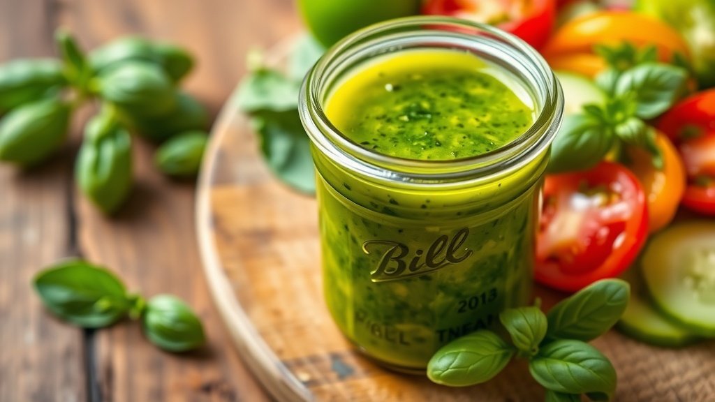 Mellow Garlic-Basil Vinaigrette A jar of garlic-basil vinaigrette next to a fresh salad of mixed vegetables on a wooden table.