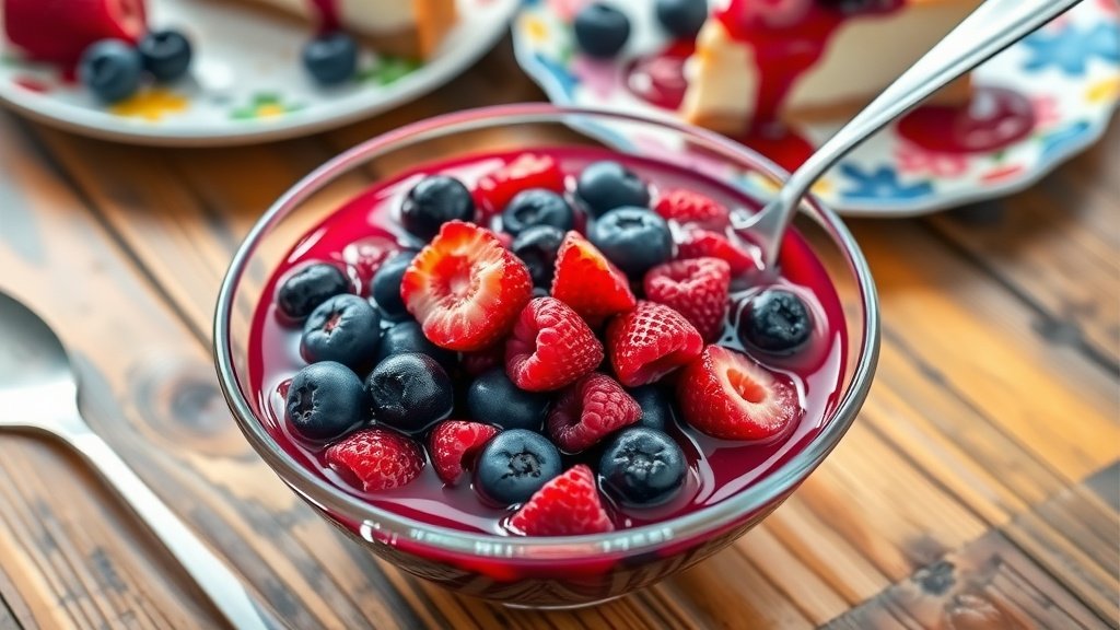 Chunky Mixed Berry Coulis Recipe A bowl of chunky mixed berry coulis with blueberries, raspberries, and strawberries, served with cheesecake on a rustic table.