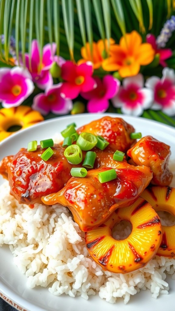 Homemade Hawaiian Huli Huli Chicken with Pineapple and Rice Grilled Huli Huli Chicken with pineapple on rice, garnished with green onions, set against a tropical backdrop.