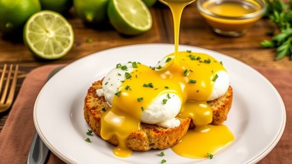 Lime Brown Butter Hollandaise Sauce Lime Brown Butter Hollandaise Sauce over poached eggs on an English muffin, garnished with herbs, on a wooden table.