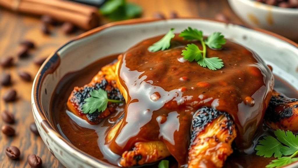 A bowl of spicy coconut chocolate curry sauce drizzled over grilled chicken, garnished with cilantro.