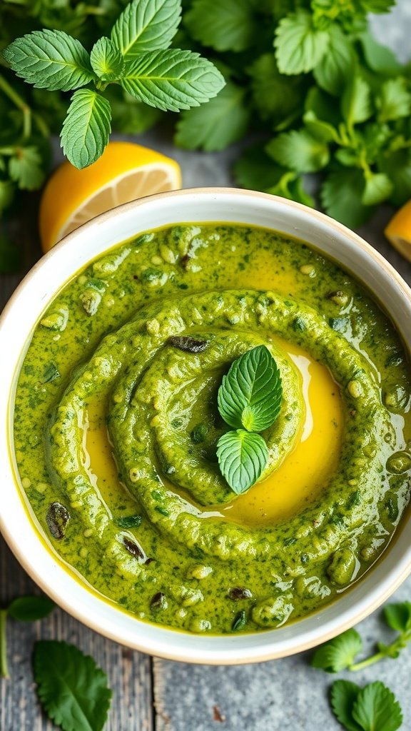 Flavorful Indian Mint Pesto Recipe A bright green bowl of Indian mint pesto garnished with mint leaves, surrounded by fresh herbs and lemon.