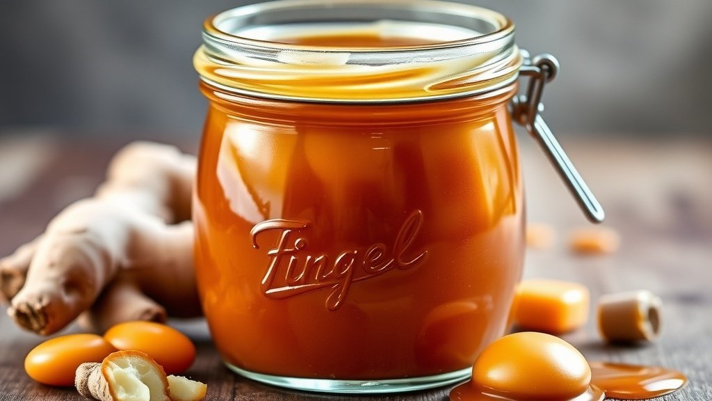 Zesty Ginger Caramel Sauce Recipe A jar of ginger caramel sauce surrounded by fresh ginger roots and caramel candies.