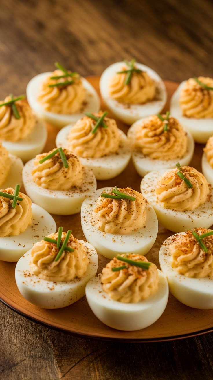 Everything Bagel Seasoned Deviled Eggs A plate of deviled eggs topped with everything bagel seasoning and chives on a wooden table.