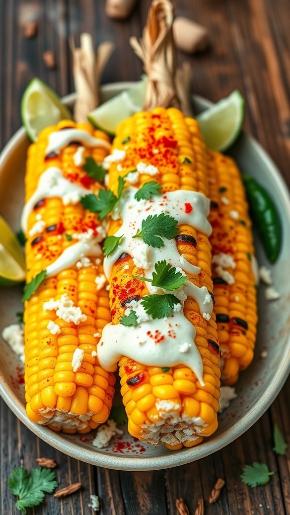 Grilled Mexican Street Corn (Elote) Recipe Grilled Mexican street corn (elote) with creamy sauce and cheese, garnished with cilantro and lime.