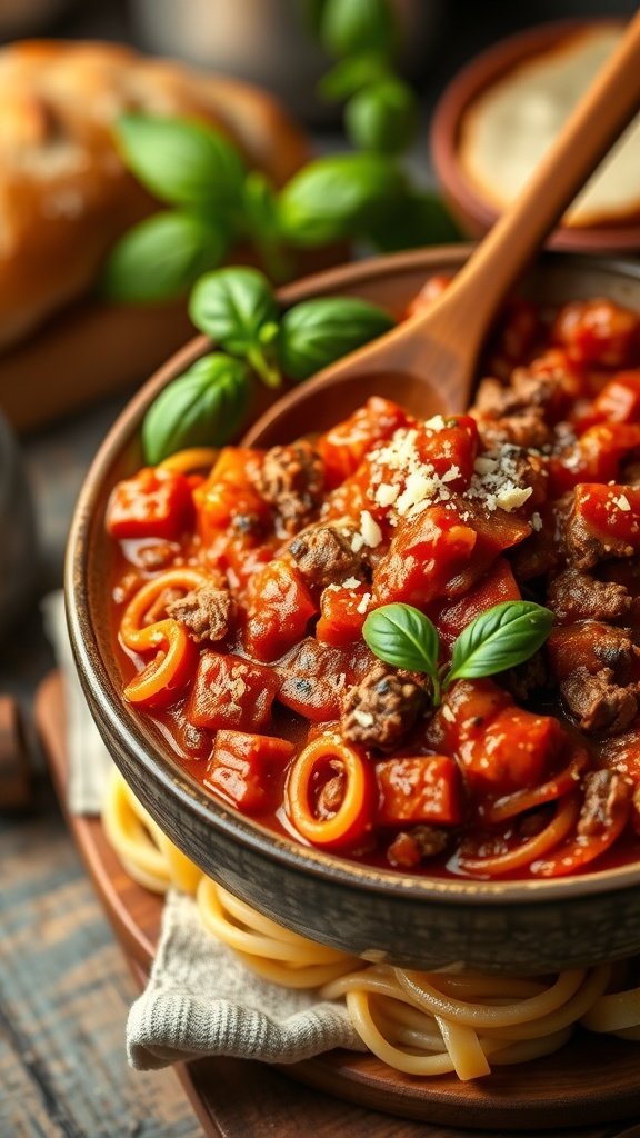 Classic Italian Ragu Sauce Recipe A bowl of Italian ragu sauce with pasta and basil, served with bread.