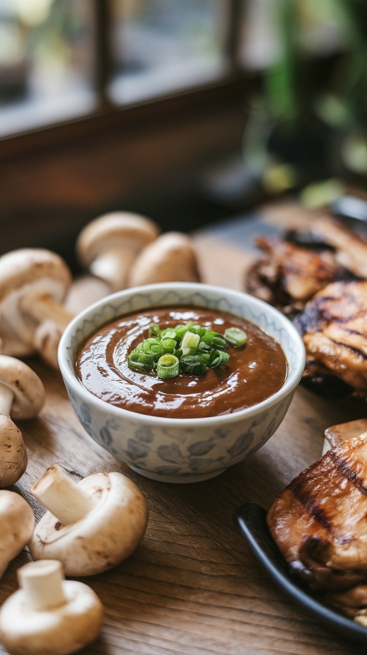 Savory Japanese Style Mushroom Sauce A bowl of Japanese mushroom sauce garnished with green onions, alongside grilled chicken and sautéed mushrooms.