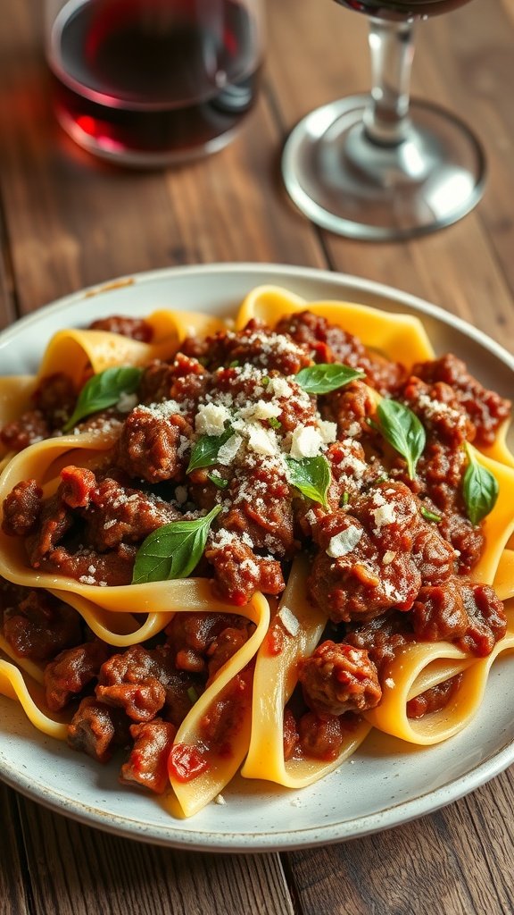 Pappardelle with Wild Boar Ragu Recipe Pappardelle pasta with wild boar ragu, garnished with herbs and cheese, on a rustic wooden table.