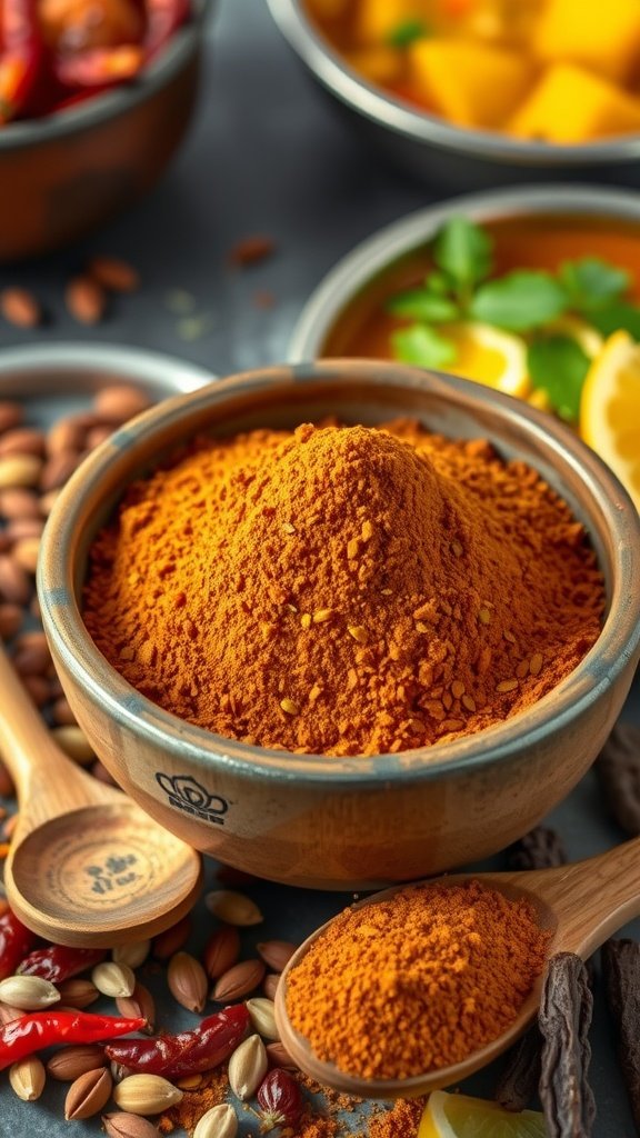 Homemade sambar powder in a bowl with spices like coriander and red chilies, on a kitchen countertop.