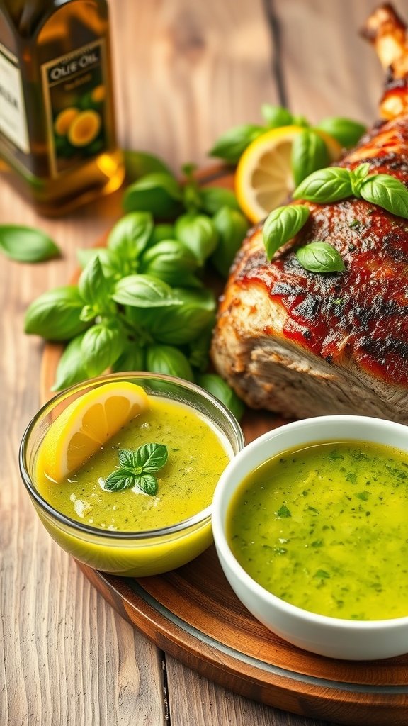 Zesty Basil Vinaigrette for Roast Lamb A bowl of green basil vinaigrette beside roasted lamb, garnished with herbs and lemon.