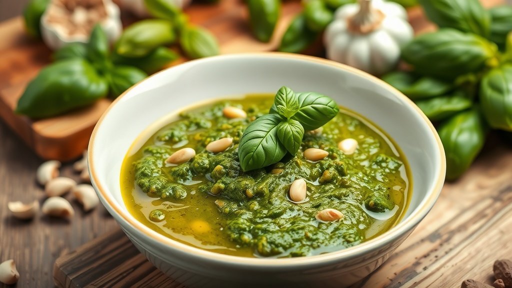 Authentic Italian Basil Pesto Recipe A bowl of green basil pesto with pine nuts and basil leaves on a wooden cutting board.