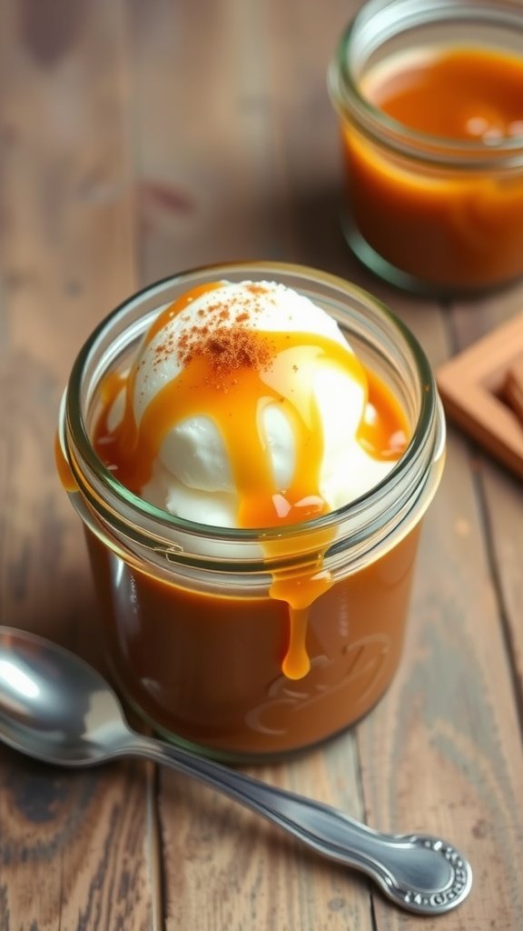 Rich and Velvety Cajeta Sauce Recipe A glass jar of cajeta sauce drizzled over ice cream, garnished with cinnamon, on a wooden table.