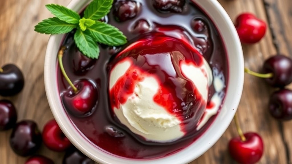 Rich Chocolate Cherry Port Sauce Recipe Chocolate cherry port sauce over ice cream with fresh cherries on a wooden table.