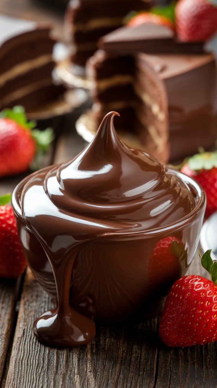 Rich Chocolate Ganache Recipe A bowl of chocolate ganache with cake slices and strawberries on a rustic wooden table.