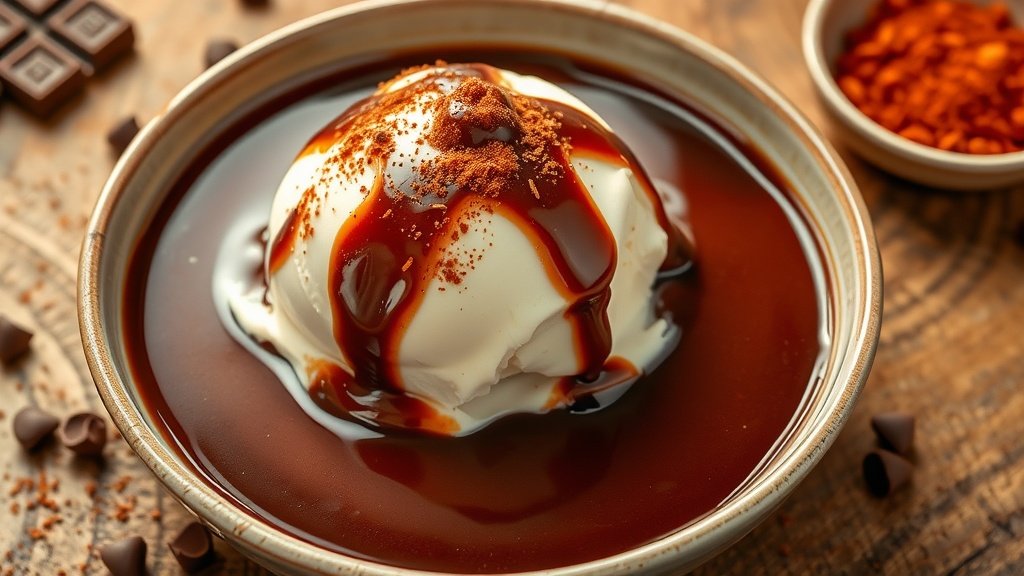 Rich Mexican Style Chocolate Sauce Recipe Rich Mexican chocolate sauce over vanilla ice cream with cinnamon and cocoa powder on rustic wood.